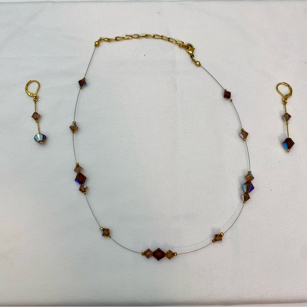 Chic Amber Crystal Beads and Gold  Clasp Necklace and Earrings